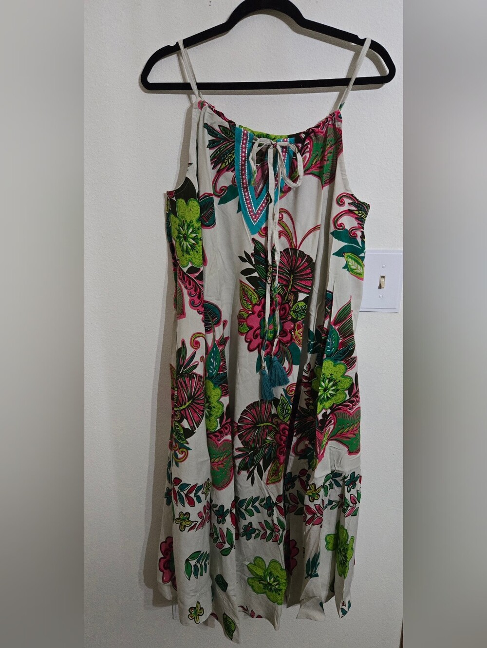 Sleeveless Floral Maxi Dress with Tie Front - White with Pink & Green
